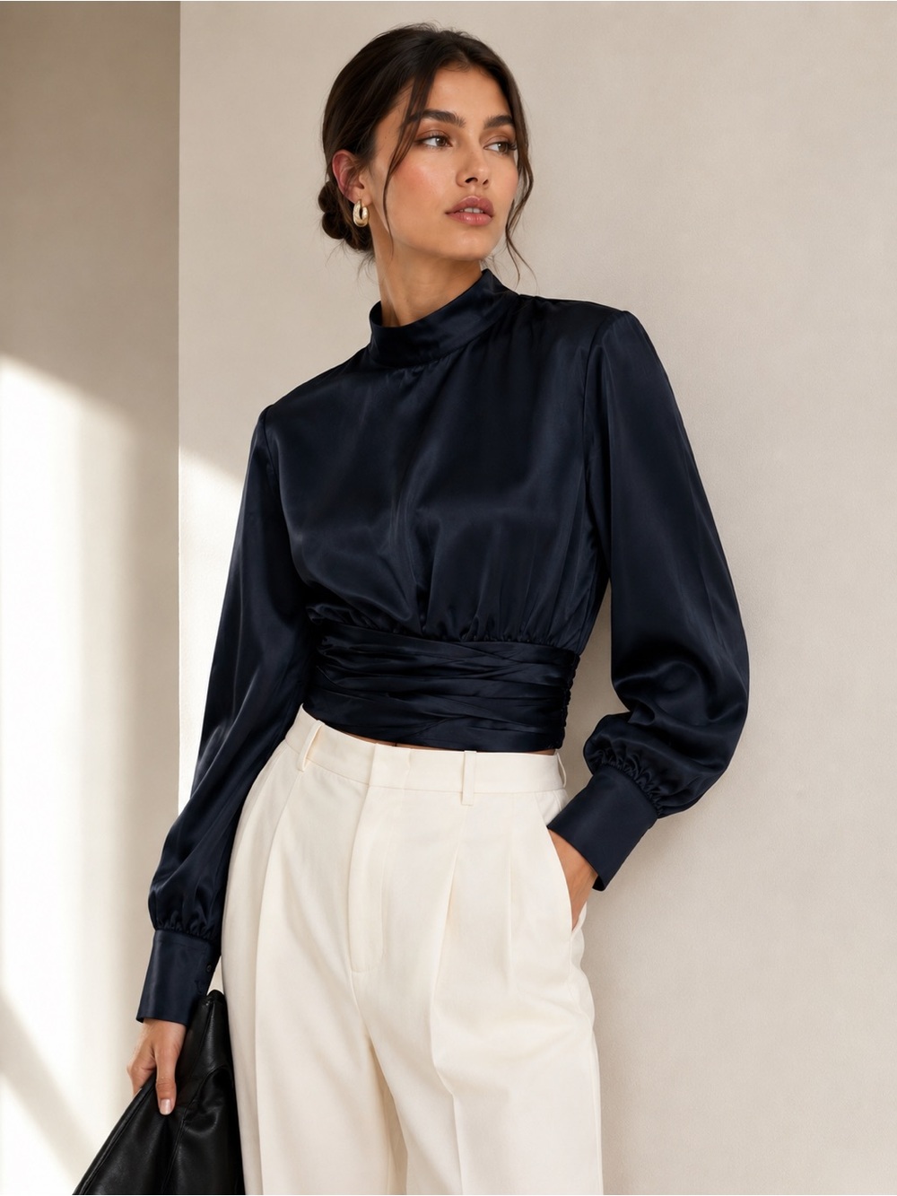 House of Harlow 1960 Black Satin Mock-Neck Blouse - Picture 2 of 8